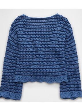 American Eagle Blue Striped Crochet Crewneck Sweater
